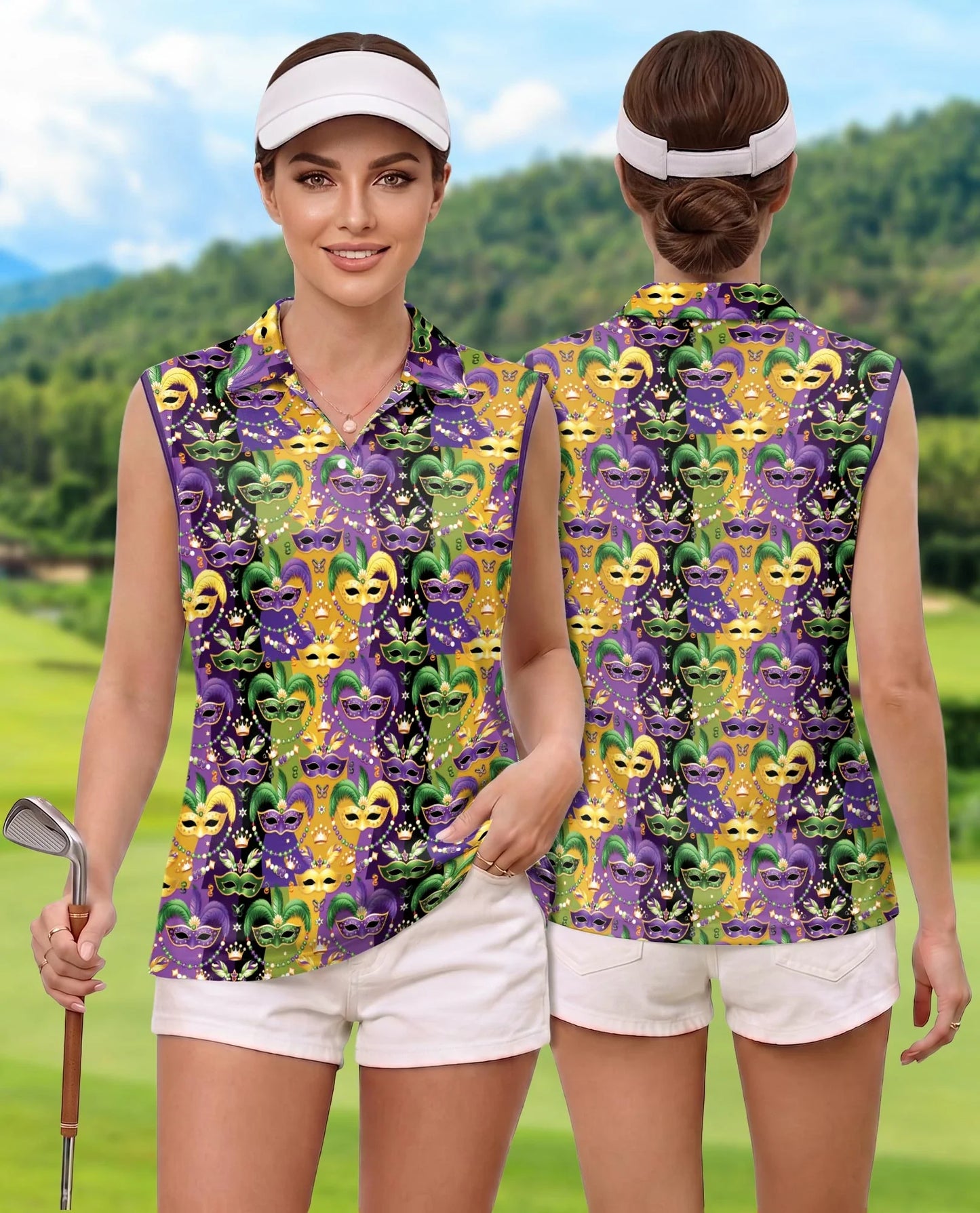Mardi Gras Mask Sleeveless Polo Shirt for Women | Azhawaiian