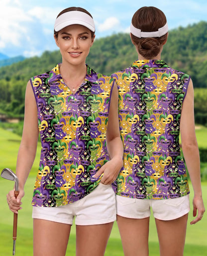 Mardi Gras Mask Sleeveless Polo Shirt for Women | Azhawaiian