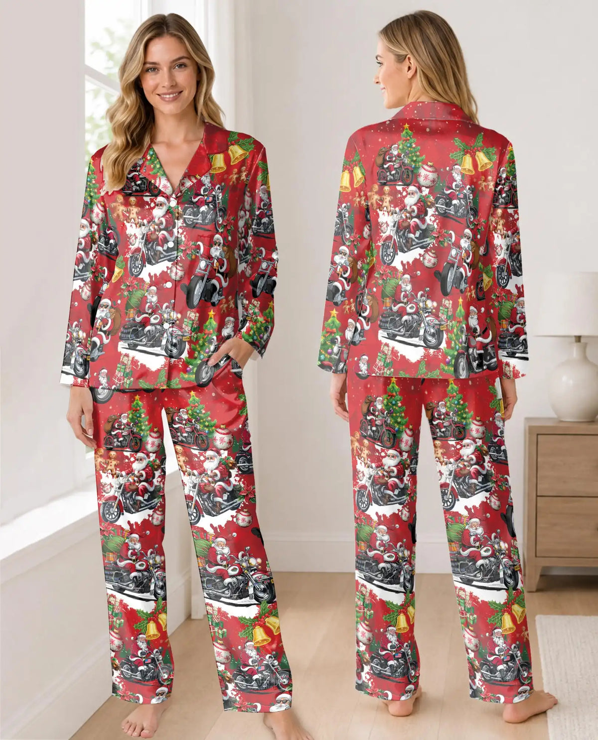 Biker Santa Christmas Pajama Set for Women – Motorcycle Print