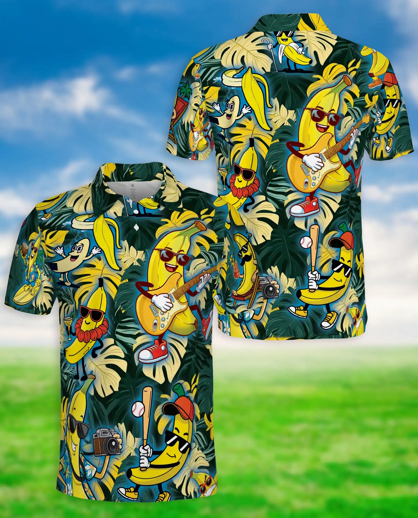 Tropical Banana Party-Polo Shirt Fun Cartoon Fruit Print | Azhawaiian