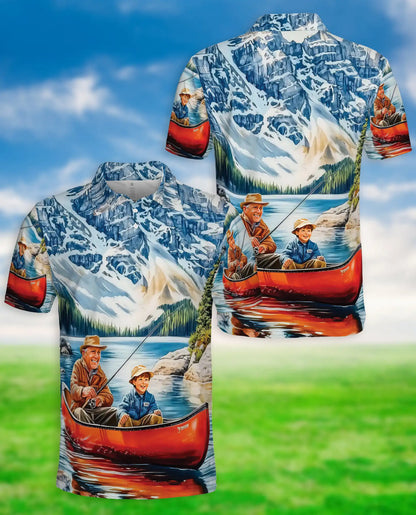 Fishing Adventure Polo Shirt, Mountain Lake Print | Azhawaiian