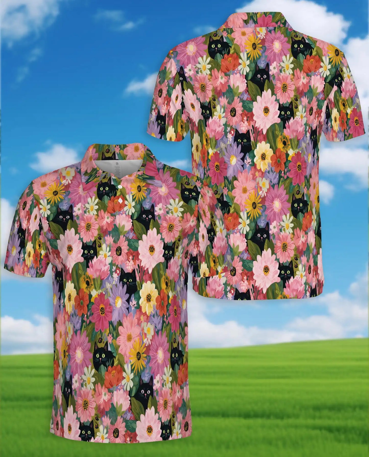 Black Cat Floral Polo Shirt - Colorful Garden Kitty Style | Azhawaiian