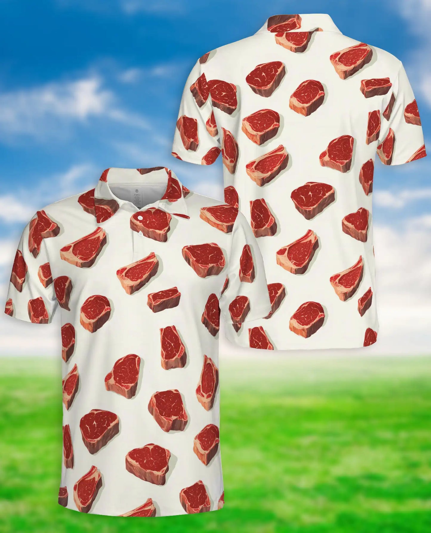 Steak BBQ Polo Shirt, Funny Meat Print | Azhawaiian