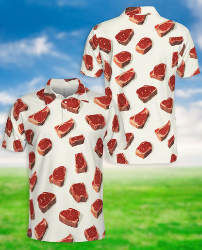 Steak BBQ Polo Shirt, Funny Meat Print | Azhawaiian