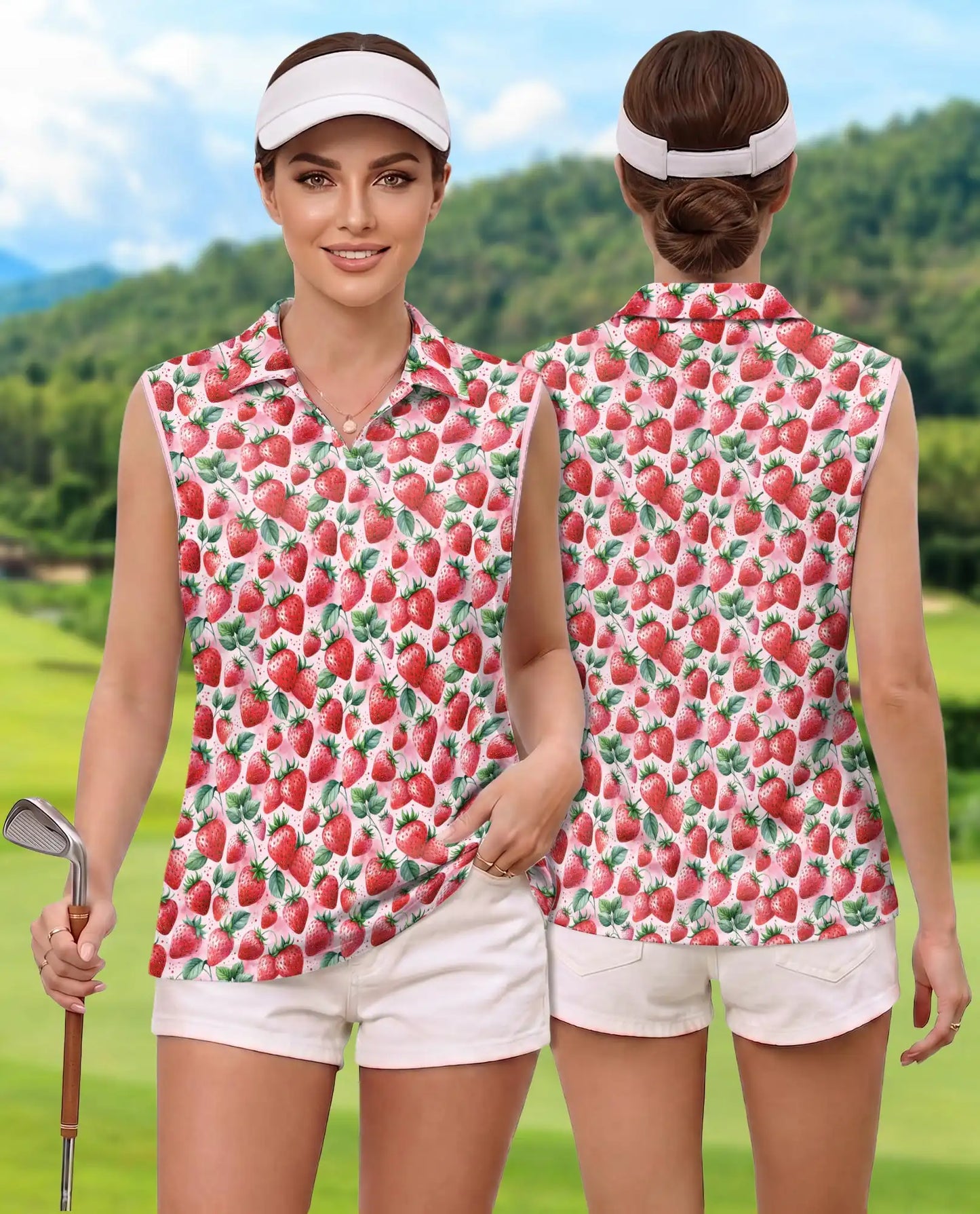 Allover Strawberry Print Sleeveless Polo Shirt for Women | Azhawaiian