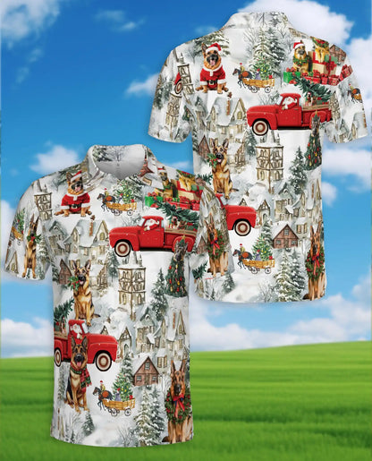 German Shepherd Christmas Polo Shirt, Winter Village Print | Azhawaiian