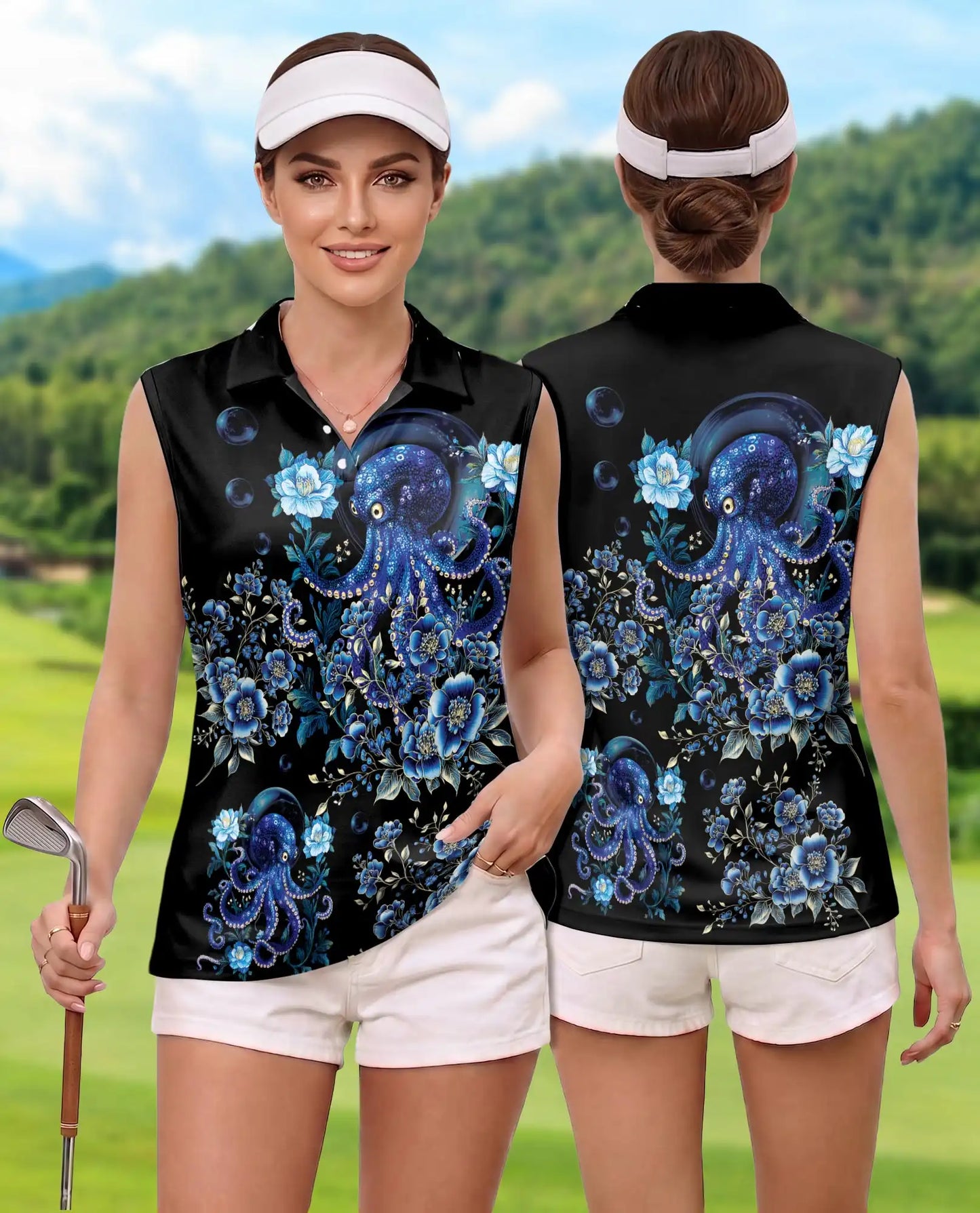 Blue Octopus Floral Sleeveless Polo Shirt for Women, Ocean Tropical Style | Azhawaiian
