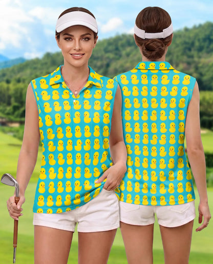 Cute Duck Print Sleeveless Polo Shirt for Women, Adorable Animal Style | Azhawaiian