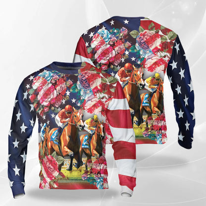 American Flag Rose Horse Racing Sweatshirt – Colorful Graphic 3D All Over Print Design