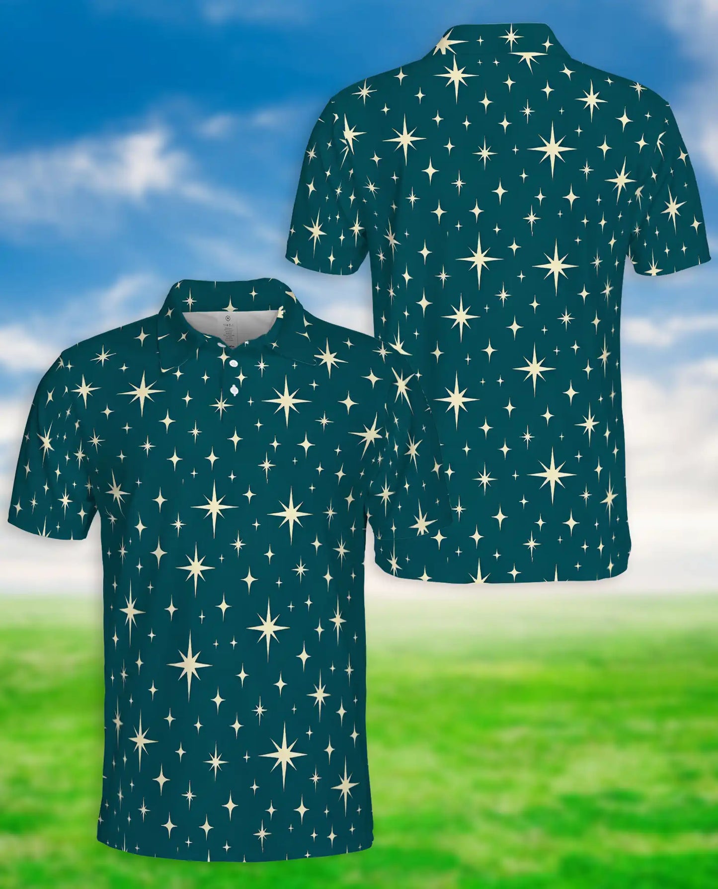 Retro Star Pattern Polo Shirt, Celestial Sky Print | Azhawaiian
