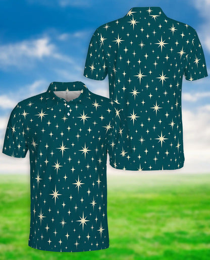 Retro Star Pattern Polo Shirt, Celestial Sky Print | Azhawaiian