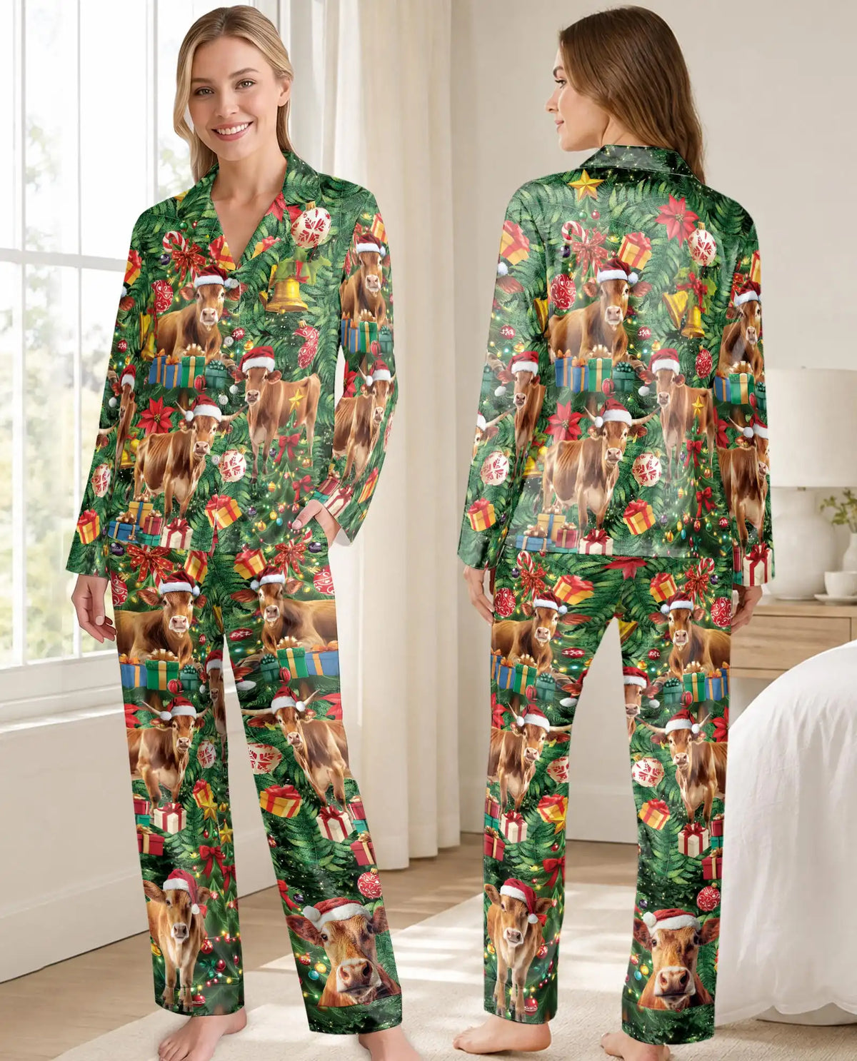 Christmas Cow Pajama Set for Women – Santa Hat Farm Animal Print