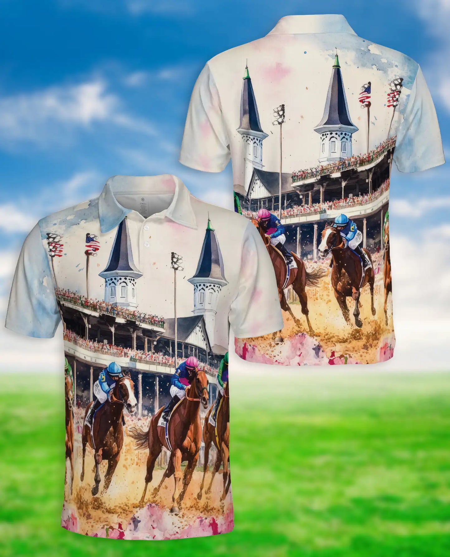Horse Racing Polo Shirt-Equestrian Jockey Track Print | Azhawaiian