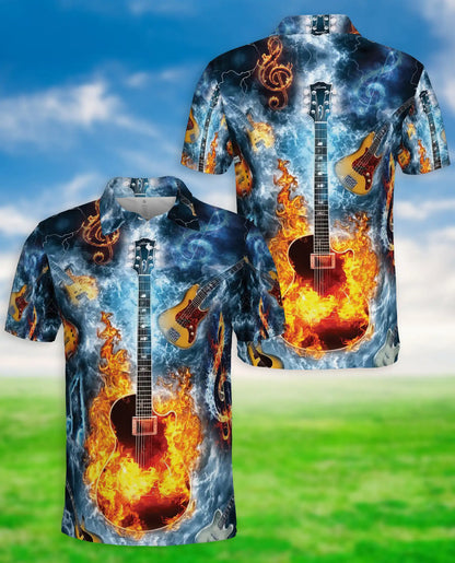 Flaming Guitar 3D Polo Shirt for Men, Rock Music Fire Storm Style | Azhawaiian