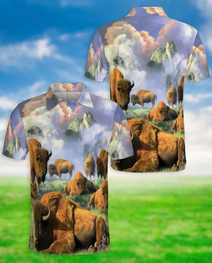 Mystical Bison Polo Shirt for Men, Majestic Wildlife Landscape | Azhawaiian