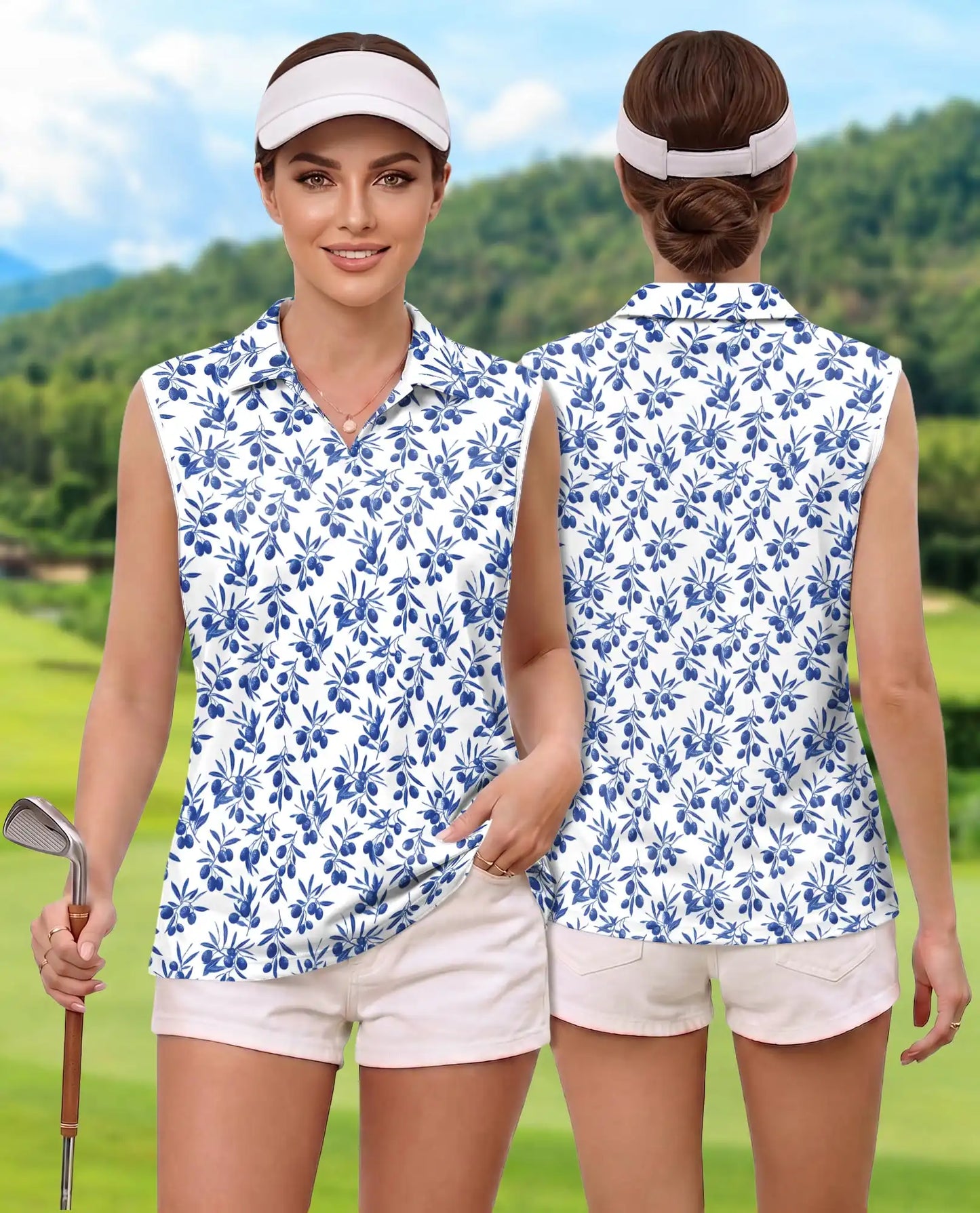 Blue Olive Branch Print Sleeveless Polo Shirt for Women | Azhawaiian