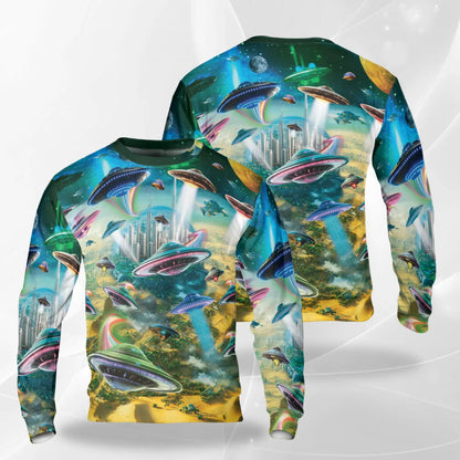 Alien Spaceship Future City Sweatshirt – Colorful Graphic 3D All Over Print Design