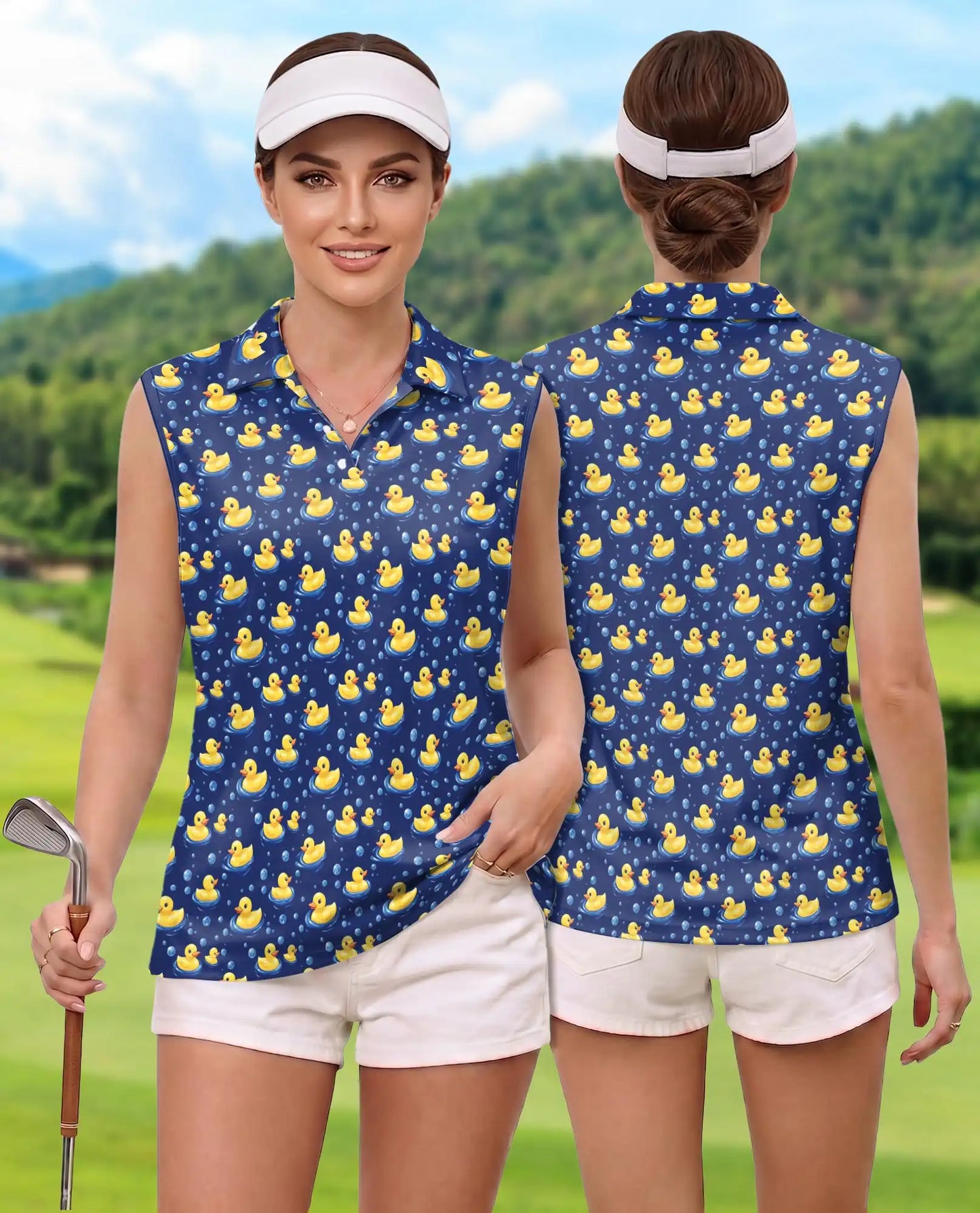 Cartoon Duck Pattern Sleeveless Polo Shirt for Women, Cute Animal Style | Azhawaiian