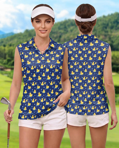 Cartoon Duck Pattern Sleeveless Polo Shirt for Women, Cute Animal Style | Azhawaiian