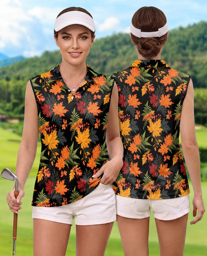 Autumn Maple Leaf Pattern Sleeveless Polo Shirt for Women | Azhawaiian