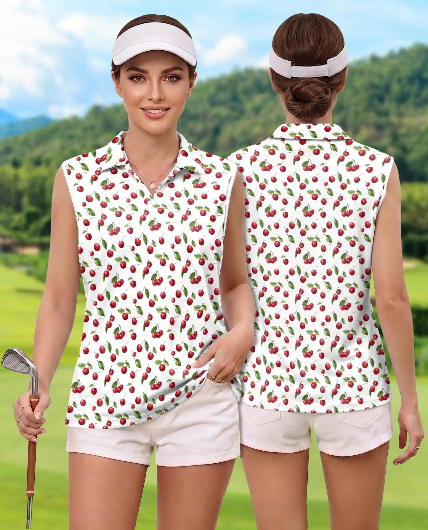 The Cherry Sleeveless Polo Shirt for Women, Sweet Fruit Summer Style | Azhawaiian