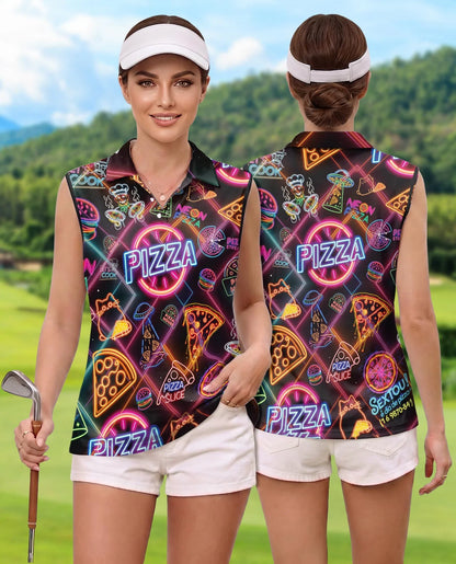 Neon Pizza Sleeveless Polo Shirt for Women, Fun Food Lover Style | Azhawaiian