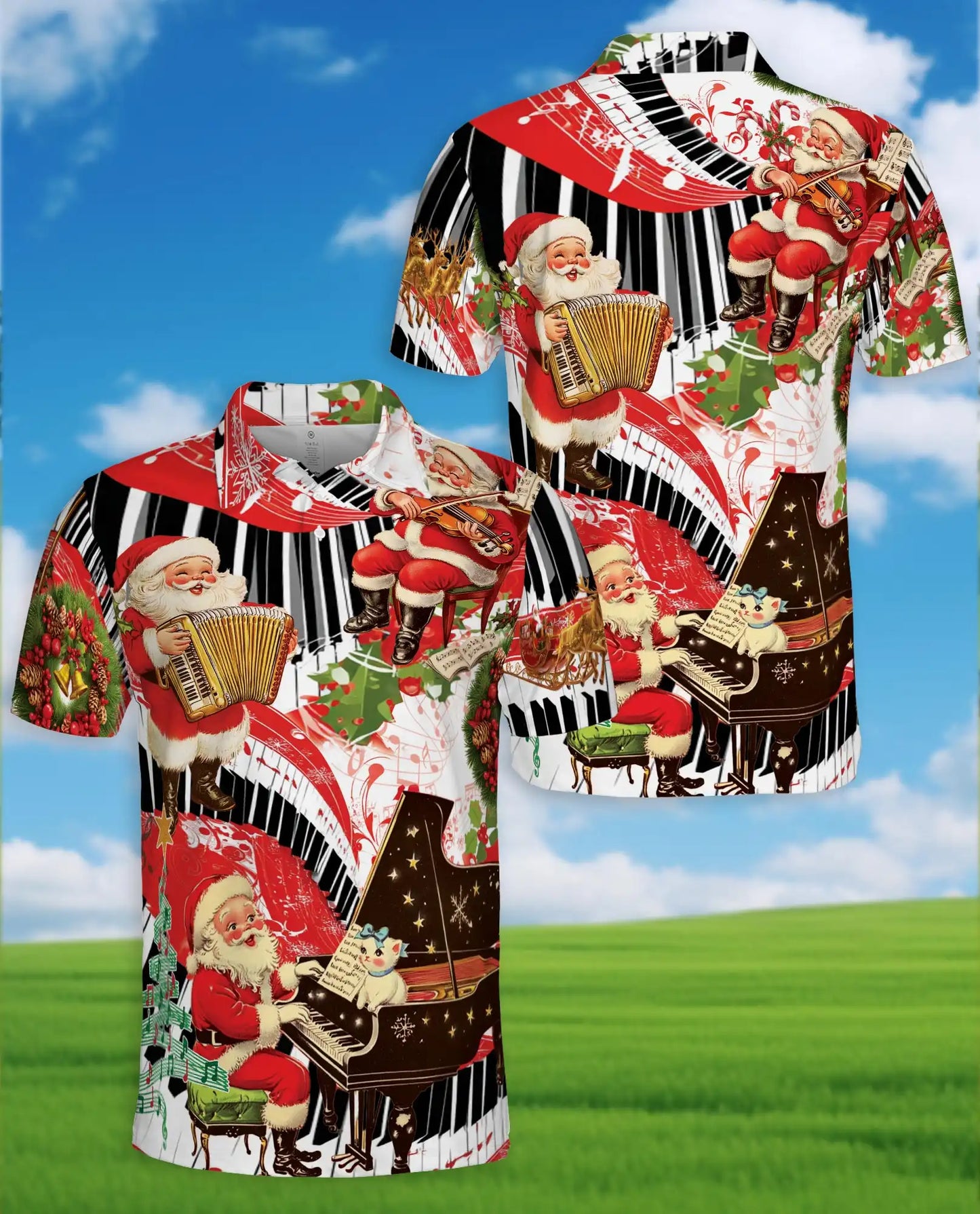 Santa Piano Music 3D Polo Shirt for Men, Christmas Holiday Musician Style | Azhawaiian