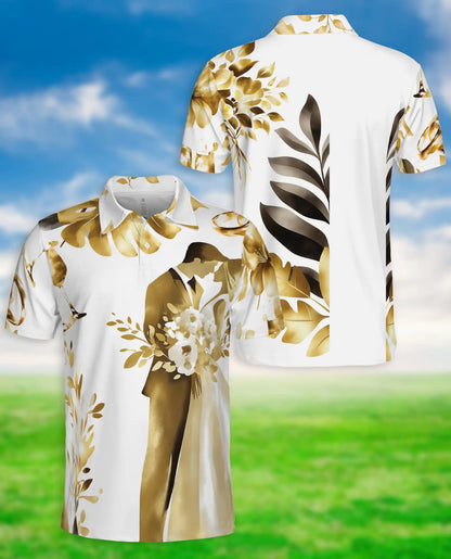 Golden Wedding Couple Polo Shirt For Men-  Bride Groom Print | Azhawaiian