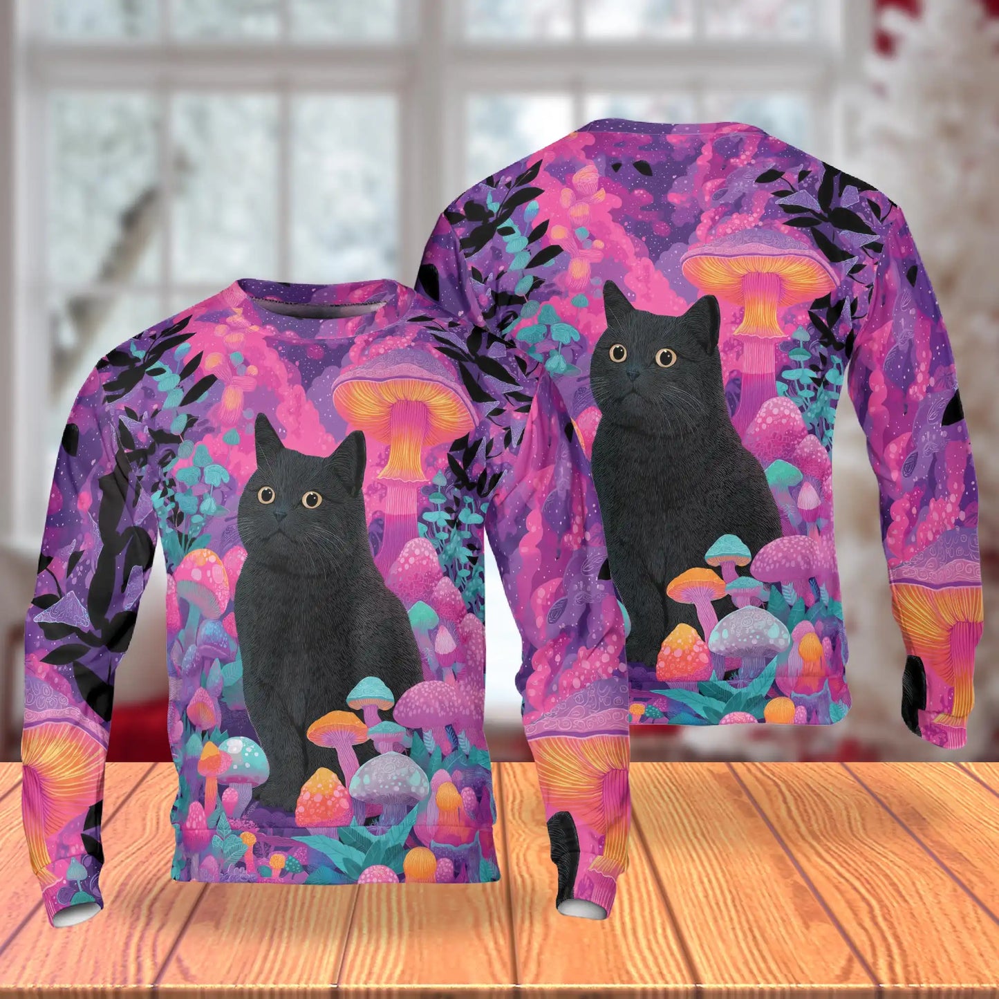 Psychedelic Black Cat Mushroom Sweatshirt – Colorful Graphic 3D All Over Print Design