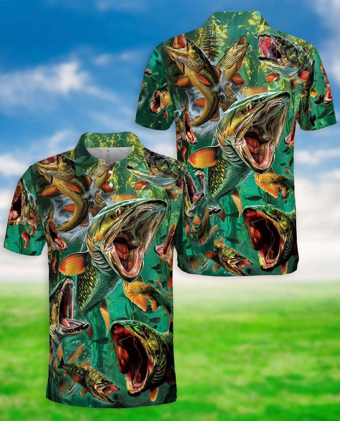 Northern Pike Fishing Polo Shirt for Men- Print Freshwater Angler Fish Shirt | Azhawaiian