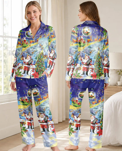 Musical Santa Christmas Pajama Set for Women – Snowman & Sleigh Print