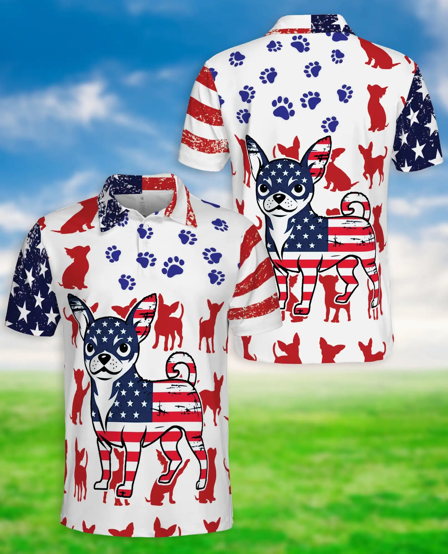 Patriotic Chihuahua Polo Shirt, American Flag Dog Print | Azhawaiian