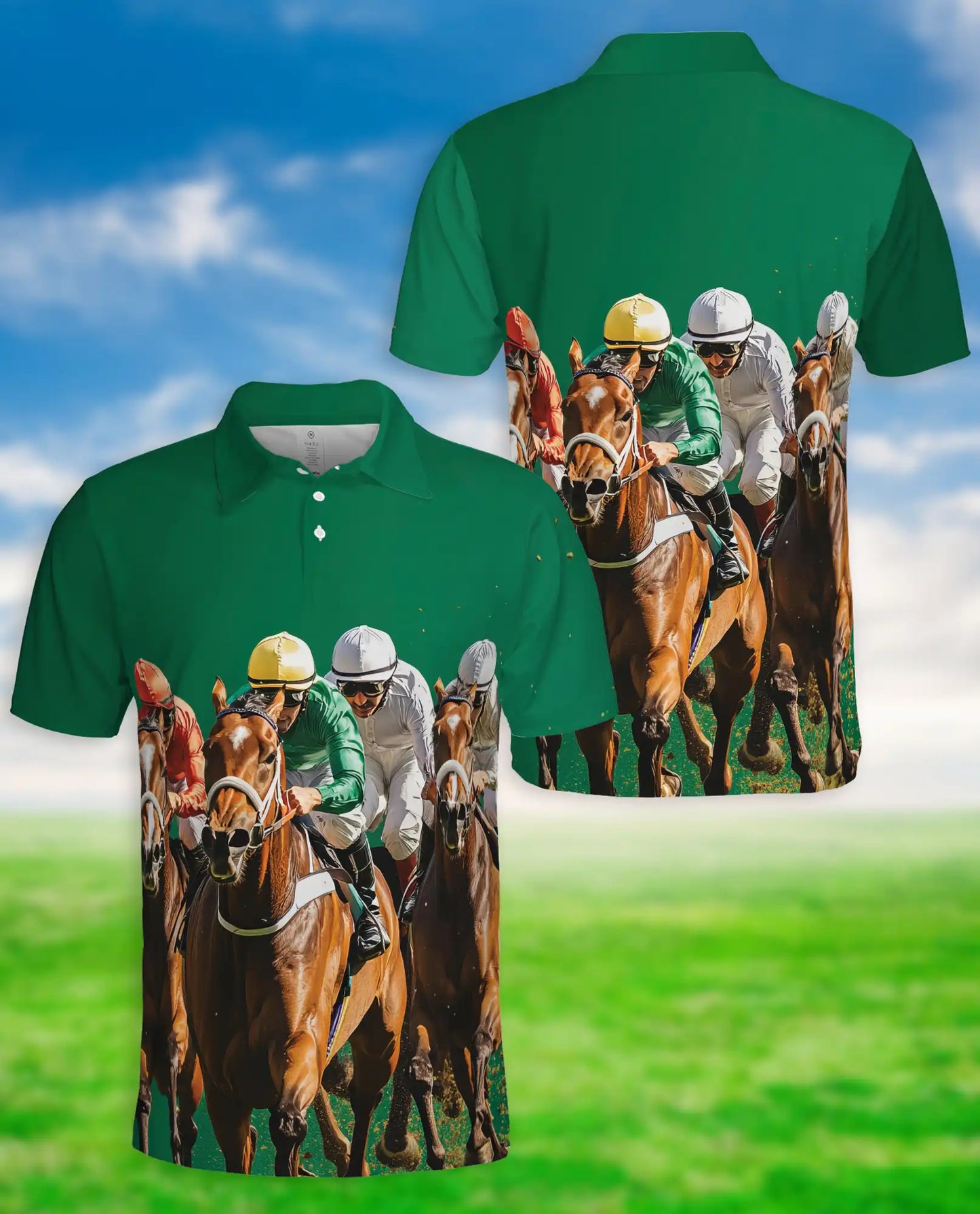 Green Horse Racing 3D Polo Shirt for Men, Jockey Derby Sports Style | Azhawaiian