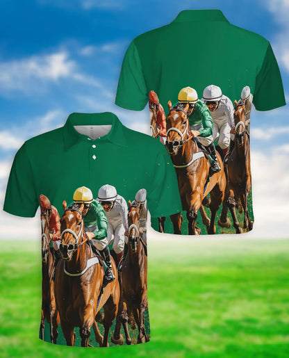 Green Horse Racing 3D Polo Shirt for Men, Jockey Derby Sports Style | Azhawaiian
