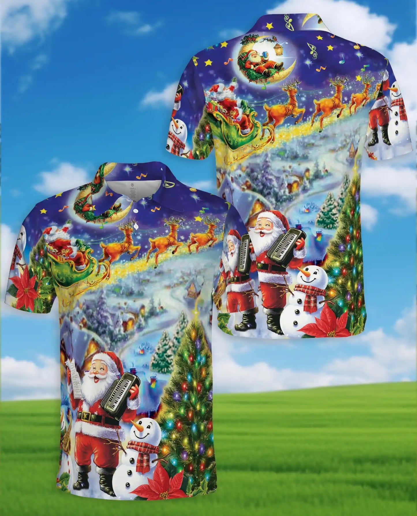 Musical Santa Christmas Polo Shirt for Men - Reindeer Sleigh Xmas | Azhawaiian