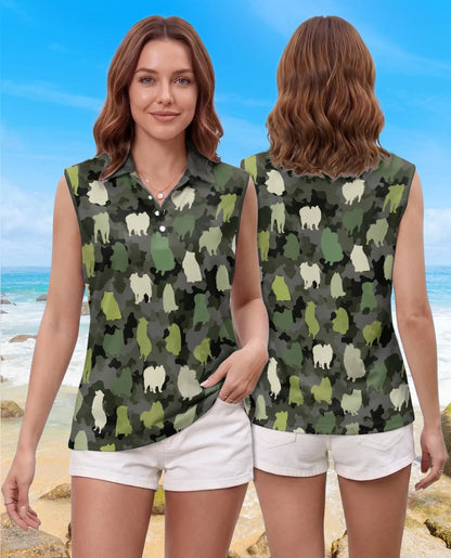 Pomeranian Camouflage Pattern Sleeveless Polo Shirt for Women | Azhawaiian