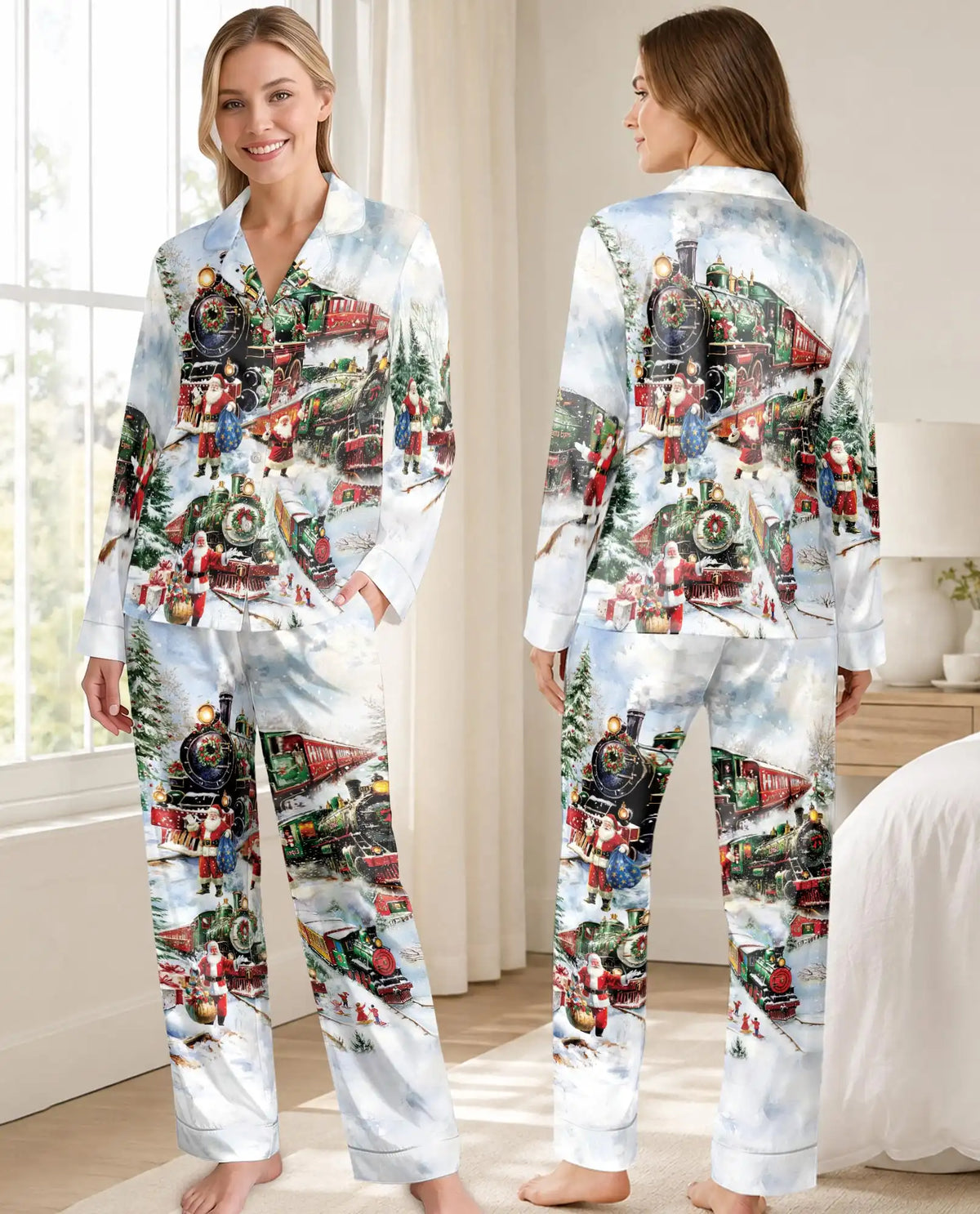 Santa Christmas Train Pajama Set for Women – Vintage Holiday Print