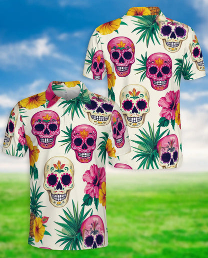 Sugar Skull Polo Shirt, Tropical Floral Print | Azhawaiian