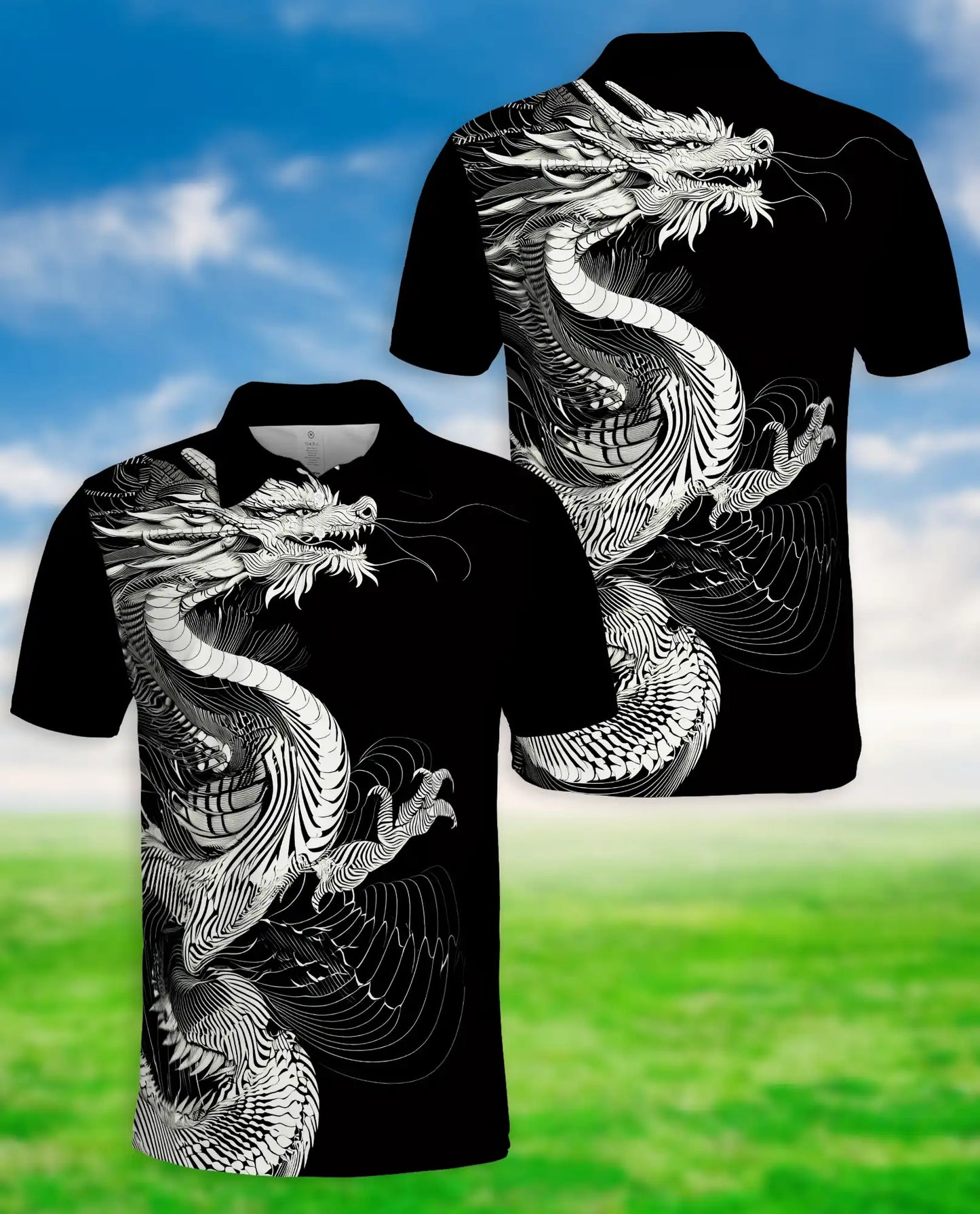 Black White Dragon 3D Polo Shirt for Men, Asian Fantasy Art Style | Azhawaiian