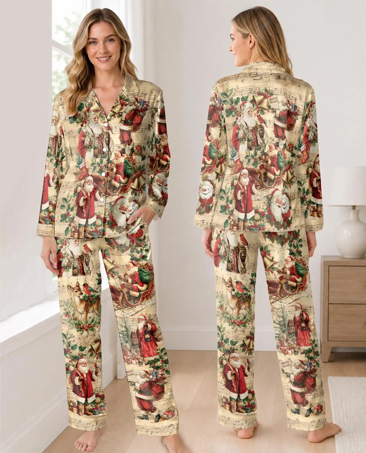 Vintage Santa Christmas Pajama Set for Women – Antique Music Sheet Print