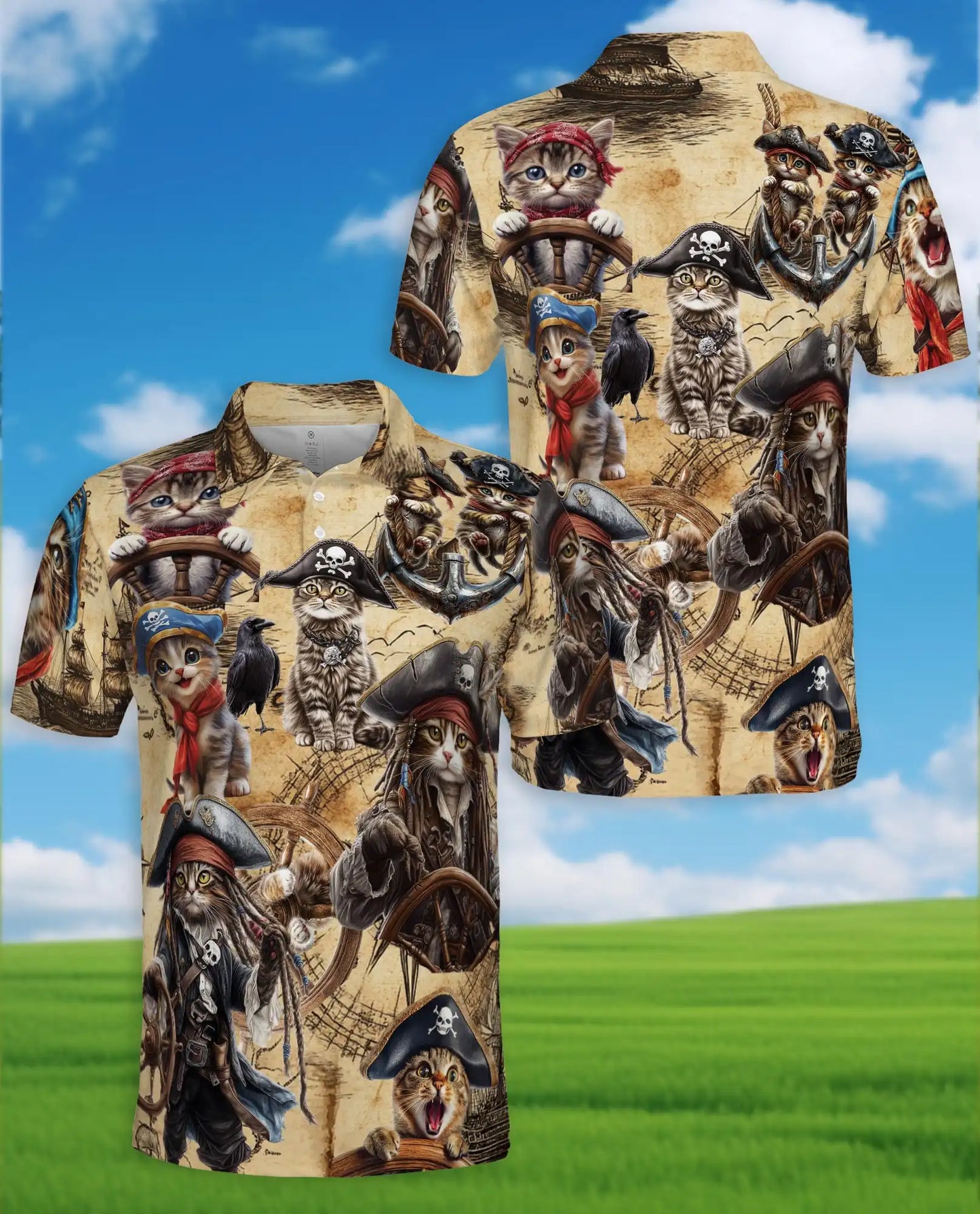 Pirate Cat Polo Shirt - Nautical Pirate Kitten Adventure Design | Azhawaiian