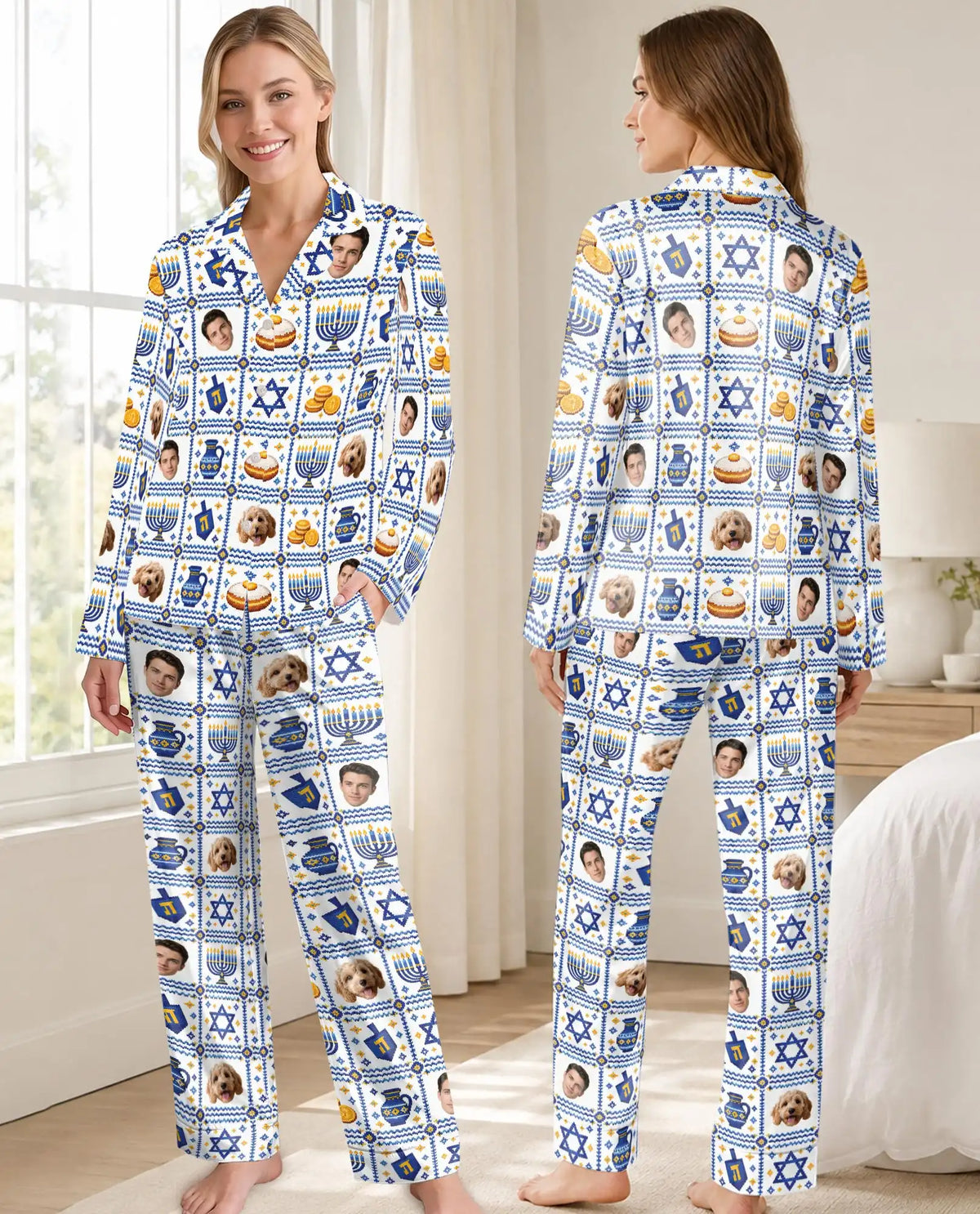 Personalized Hanukkah Photo Pajama Set for Women – Custom Face & Pet Print