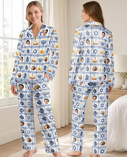 Personalized Hanukkah Photo Pajama Set for Women – Custom Face & Pet Print