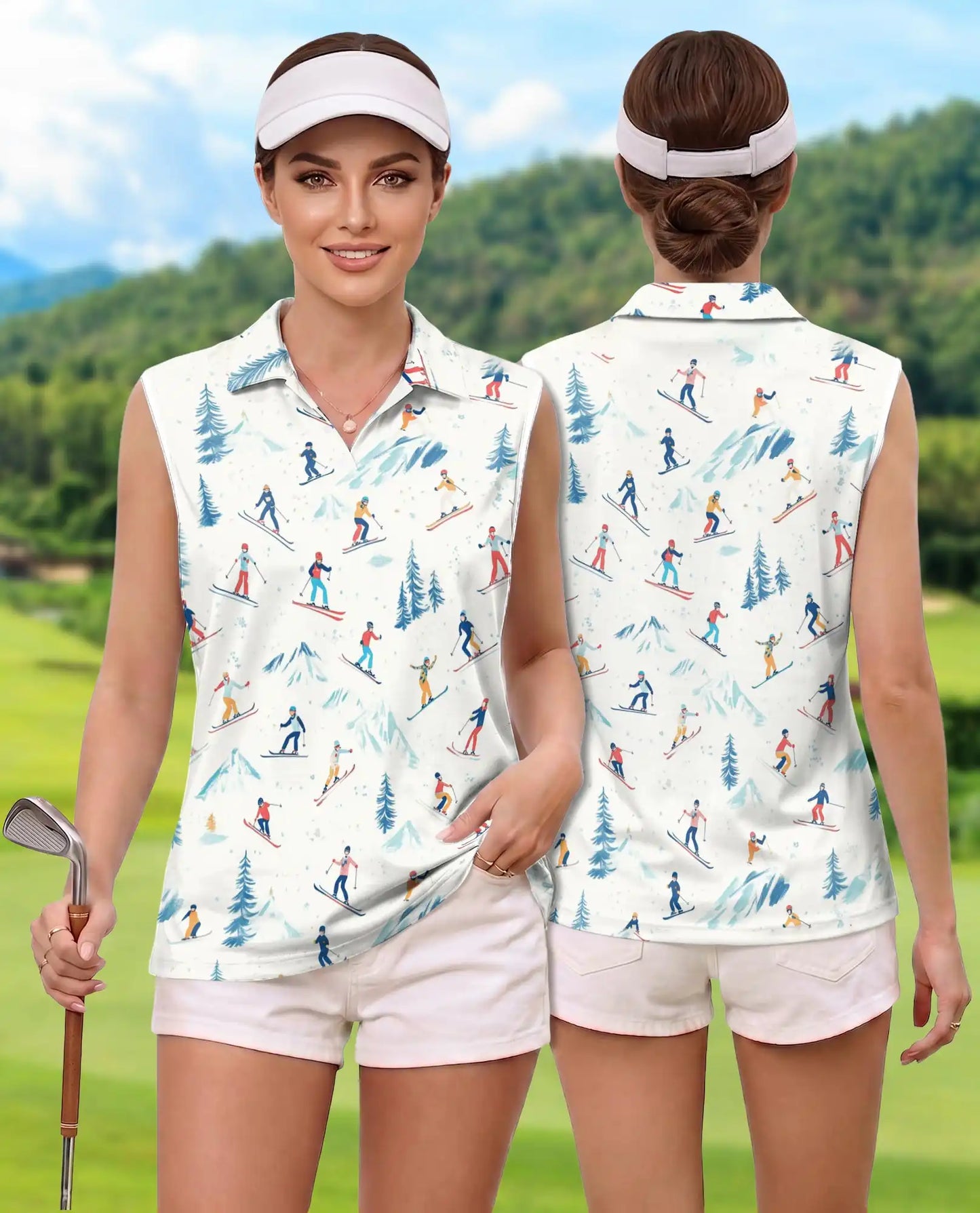 Ski Print Sleeveless Polo Shirt for Women, Winter Sports Adventure Style | Azhawaiian