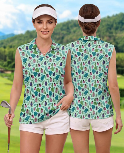 Beetle And Tropical Leaf Sleeveless Polo Shirt for Women  | Azhawaiian