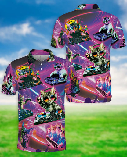 DJ Cat Party Polo Shirt-Neon Music Festival Funny Cat DJ Design | Azhawaiian