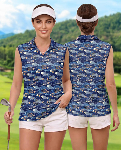 Japanese Koi Fish And Waves Sleeveless Polo Shirt for Women | Azhawaiian
