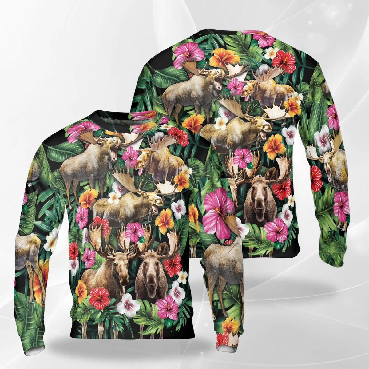 Moose Hibiscus Flower Sweatshirt – Colorful Graphic 3D All Over Print Design