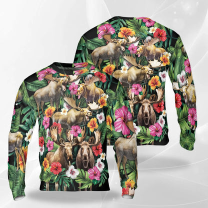 Moose Hibiscus Flower Sweatshirt – Colorful Graphic 3D All Over Print Design