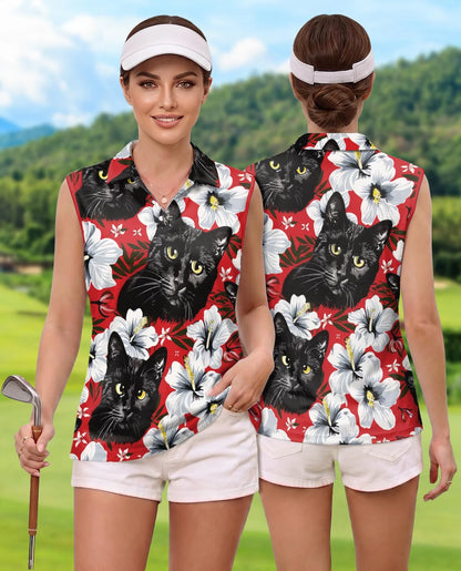 Black Cat Sleeveless Polo Shirt for Women | Azhawaiian